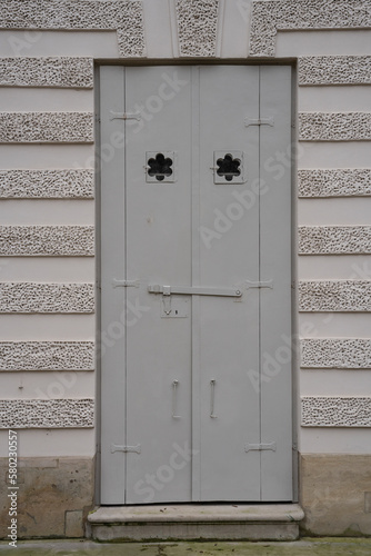 antique iron doors with forging elements in the opening of the building
