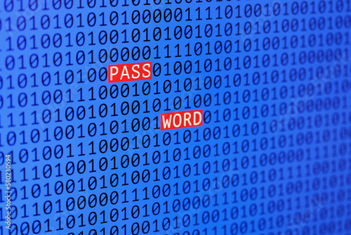 Finding a password in binary data. The word PASSWORD is written among zeros and ones.