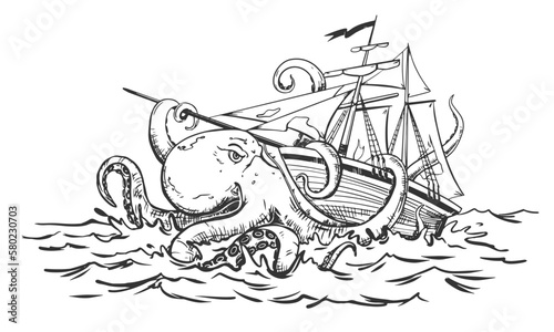 An enraged kraken attacks the arusnik. A mythical monster from the dark depths attacks the ship. The octopus wraps its tentacles around the ship and pulls it to the bottom. Vector image.