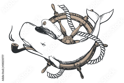 White sperm whale in a capital cap and with a smoking pipe in his mouth. Creative illustration of a whale on the background of the steering wheel. Old school tattoo sketch.