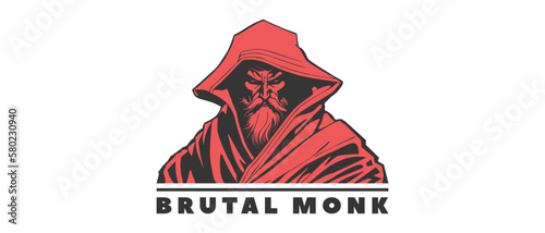 Vector logo, red, bearded powerful formidable brutal monk in a hood on a white isolated background. Hidden warrior. Sticker, icon or emblem. photo