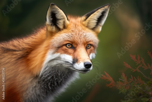 A close up shot of a red fox in a forest in the UK. Generative AI © AkuAku