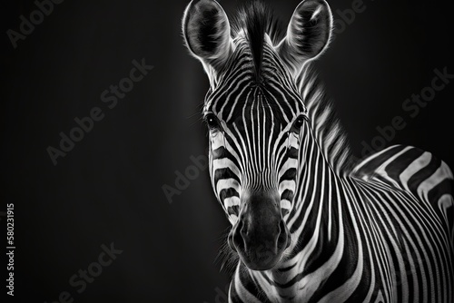 Portrait of a zebra in black and white. A wild animal from Africa looks at the camera. Eyes in focus on a zebra with a shallow depth of field. Design template for a home interior poster or painting on