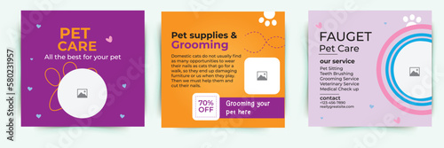 Pet care shop and food post template banner cover. Pet social media post Template or web banner template. Pet service promotional banner ads design