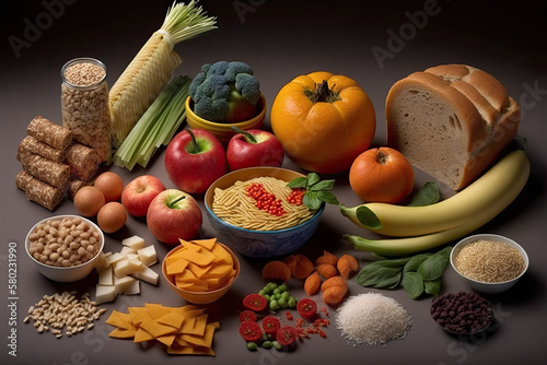 Foods rich in fiber include fruit, vegetables, whole wheat bread, pasta, nuts, legumes, grains, and cereals for a balanced diet. high in vitamins, omega 3, generative AI