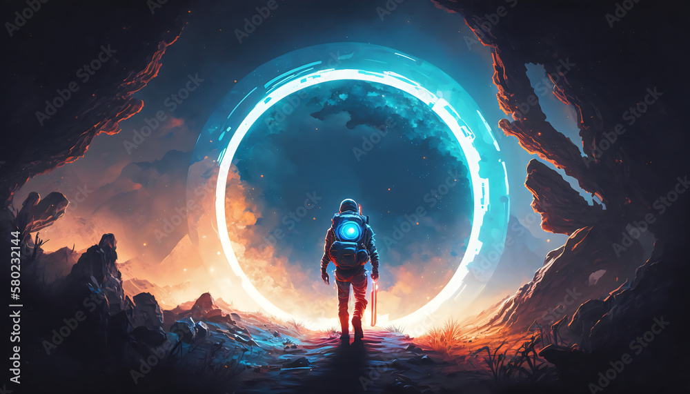 Blue Horizon: Illustration Painting of a Spaceman Walking on a Planet with a Blue Ring Light in Digital Art Style, Generative AI