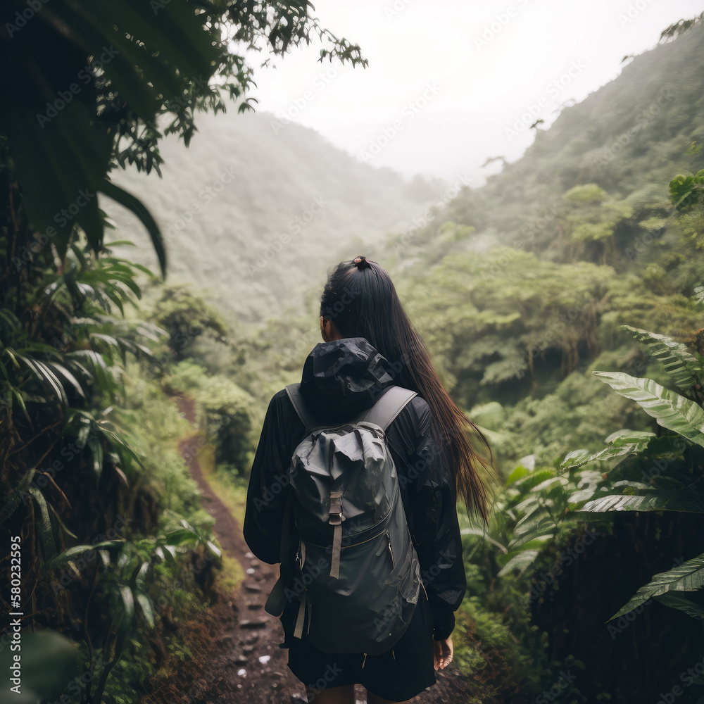 Woman with backpack walks down trail in the jungle. Generative AI.