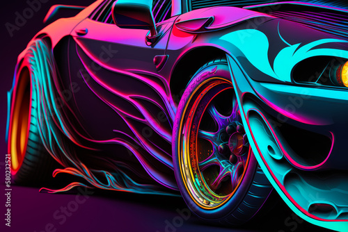 Neon colored car with flames on it. Generative AI.