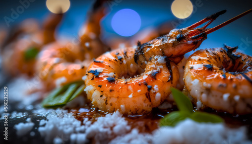 Close up of grilled shrimp on plate. Generative AI.