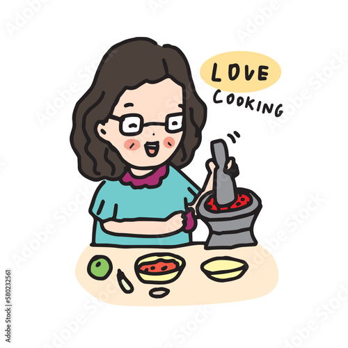 Mom cooking Thai chili paste, hand drawn vector illustration