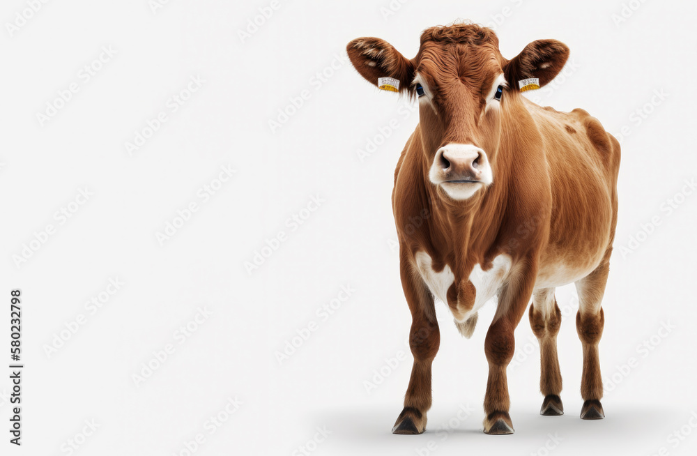 Brown cow standing in front of white background. Generative AI.