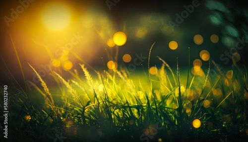 An image of grass in the sun with bright lights. Generative AI. © valentyn640