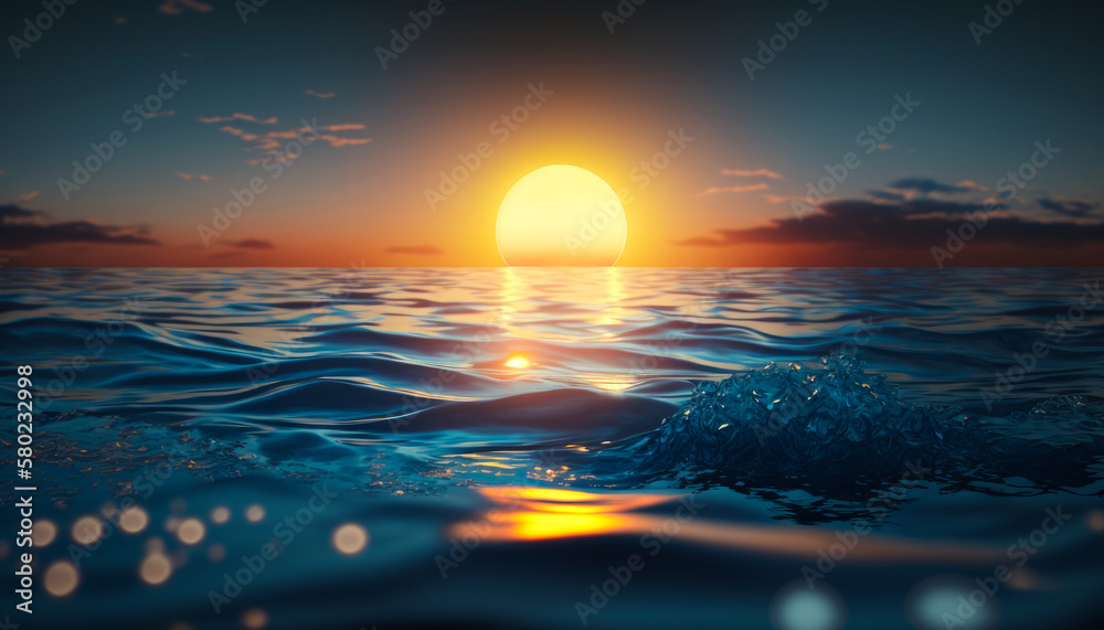 An image of the sun rising over the ocean. Generative AI.