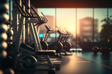 Gym equipment in an empty room with the sun setting in the background. Generative AI.