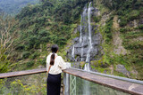 Tourist woman visit Wulai waterfall in Taiwan