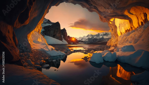 The sun is setting in cave with ice and snow. Generative AI.