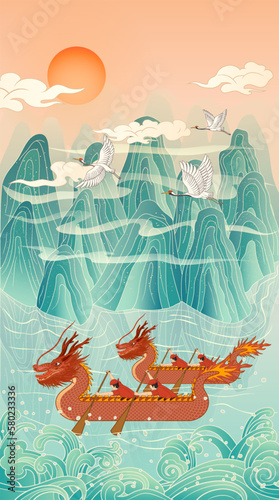 Vector illustration poster of traditional Chinese Dragon Boat Festival