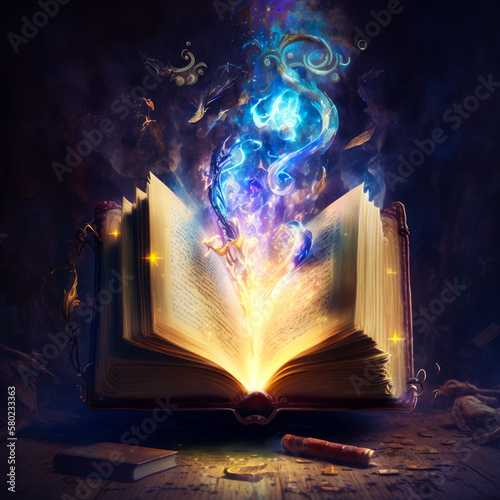 An open book with flames coming out of it. Generative AI.