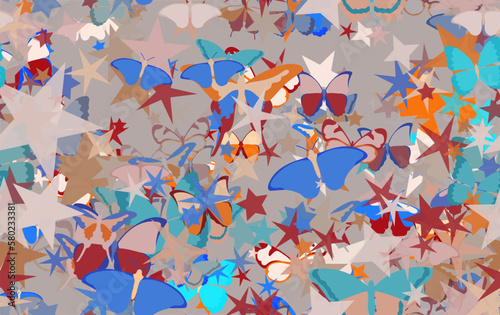 Background pattern abstract design texture. Seamless. Theme is about stars, gorgeous, ornate, Monarch, Butterfly, design, Red Admiral, silhouette, decoration, drawing, delicate, colorful