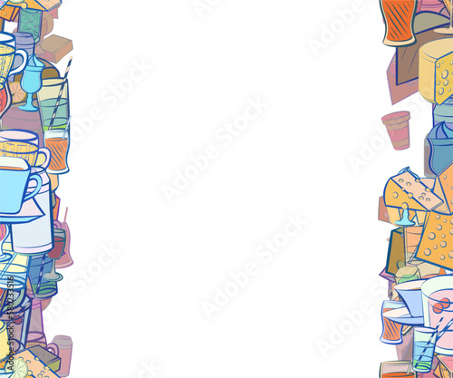 Background pattern abstract design texture. Drinks and Cheeses. Vertical seamless stripes. Border frame, transparent background. Theme is about thinly sliced, bottle, thread, compote, kvass