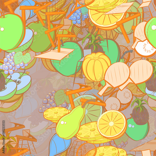 Background pattern abstract design texture. Seamless. Tennis and Fruits. Theme is about whole, orange, table, pear, mandarin, bunch, sports judge, cut, berries, pineapple, netting, balls