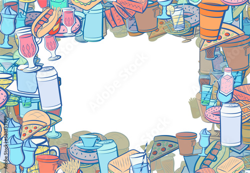 Background pattern abstract design texture. American food and Drinks. Border frame, transparent background. Theme is about waffles, citrus, meat, compote, topping, beer, wineglass, soda
