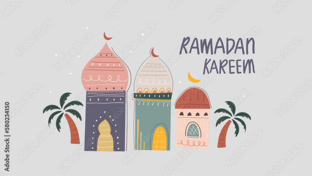 Ramadan kareem islamic vector illustration background with arabian mosque architecture hand drawn