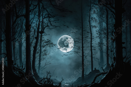 Dark forest with full moon in the background. Generative AI.