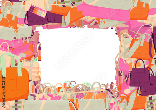 Background pattern abstract design texture. Border frame, transparent background. Theme is about lady, Tote, leather, maquillage, office, nail polish, casual, satchel, tones, ointment