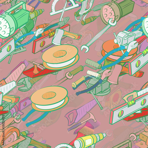 Background pattern abstract design texture. Seamless. Repair and Building tools. Theme is about woodworking, alignment, knife, steel, electrician, drill, wedge, painter, chopping, length