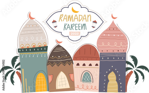 Ramadan kareem islamic vector illustration background with arabic mosque architecture hand drawn