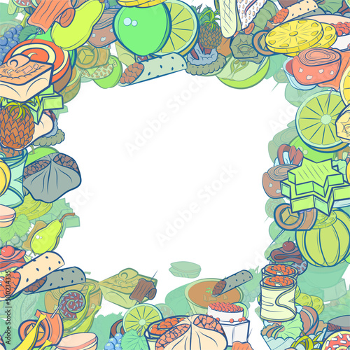 Background pattern abstract design texture. Snacks and Fruits. Border frame, transparent background. Theme is about loaf, onigiri, sweetness, branch, roll, sandwich, stuffed cabbage, mini cake