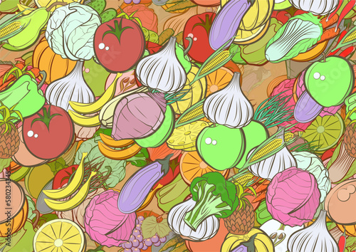 Background pattern abstract design texture. Seamless. Health food and Fruits. Theme is about grapes, orange, vitamin C, bunch, half, persimmon, berries, whole onion, cabbage, peel, spring onions