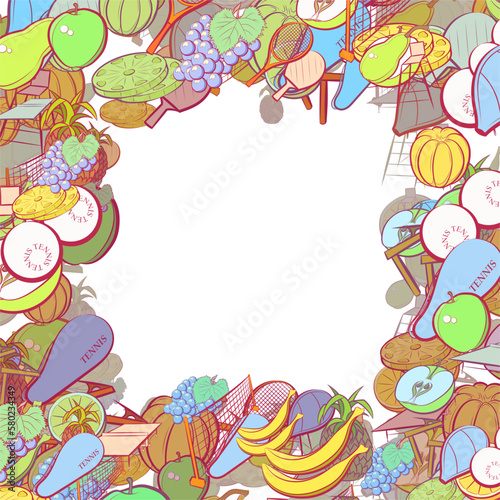 Background pattern abstract design texture. Tennis and Fruits. Border frame, transparent background. Theme is about slices, incision, half, table, clip, lathing, tennis racket case, tennis balls