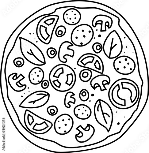 Pizza top view uncolored outline. Pizza Design Image. Uncolored contour. Pizza with tomato, cheese, olive, sausage, basil. Traditional italian food. European snack. PNG image