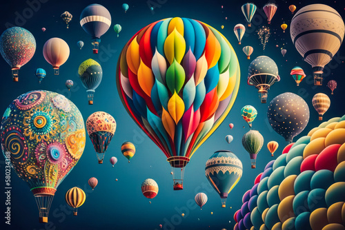 Many colorful hot air balloons flying in the sky. Generative AI. © valentyn640