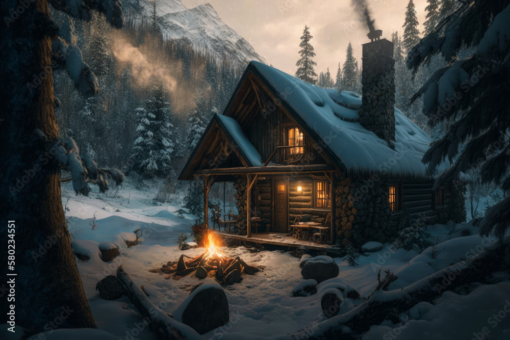 An image of cabin in the snow. Generative AI.