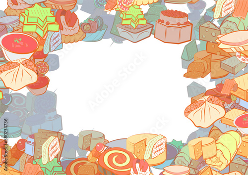Background pattern abstract design texture. Snacks and Cheeses. Border frame, transparent background. Theme is about remnant, marshmallows, fish, meat, classical, sausage, salad, sugar, jelly
