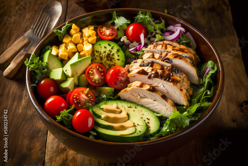 Bowl of salad with chicken, avocado and tomatoes. Generative AI.