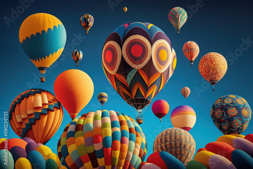 Many colorful hot air balloons flying in the sky. Generative AI.
