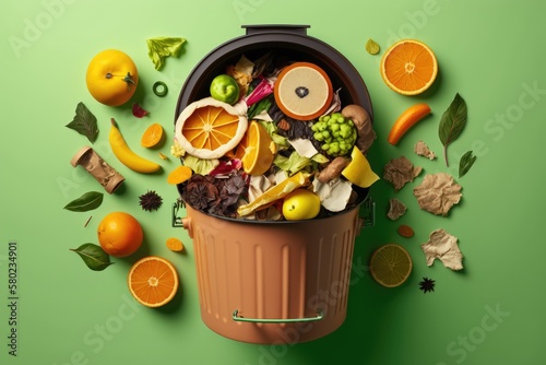 Top view of sorted kitchen garbage in a compost pail set against a green background. Compost container. Maintainable ways of living. Trash can contents consisting primarily of vegetable and fruit wast photo