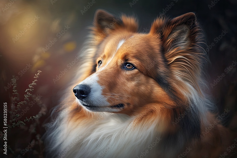 red sheltie dog . A portrait of a pet in nature with bokeh. Generative AI