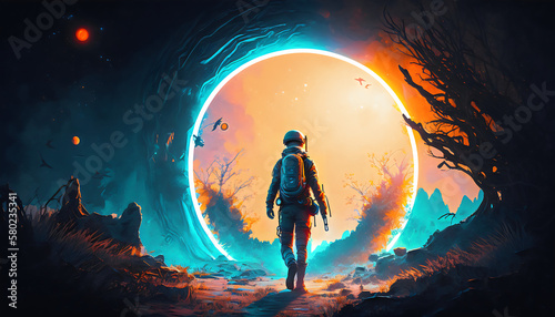 Digital Art Style Illustration of a Spaceman Walking on a Planet with a Glowing Blue Ring Light, Generative AI
