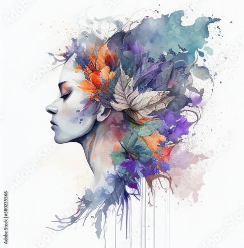 女性の横顔と花の水彩画（AI生成画像・AI画像）

