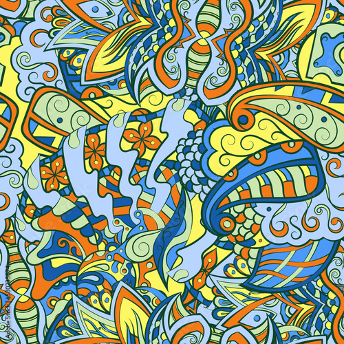 Tracery seamless pattern. Mehndi design. 7 colors. Ethnic doodle texture. Curved doodling background. Vector