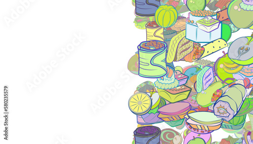 Background pattern abstract design texture. Fruits and Snacks. Vertical seamless stripe. Border frame, transparent background. Theme is about salmon, star, cheese, Apple, filling, satiety