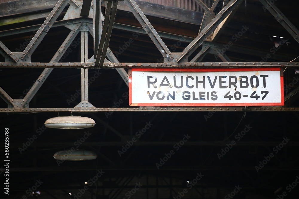 Sign at a former railway workshop in Germany. Rauchverbot von Gleis 40-47 means Smoking forbidden on tracks 40-47 Sign at a former railway workshop in Germany. Rauchverbot von Gleis 40-47 means Smoking forbidden on tracks 40-47