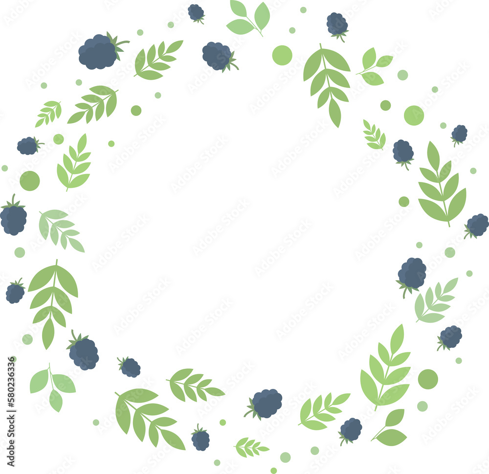 Round frame of blackberries and green leaves and twigs in flat