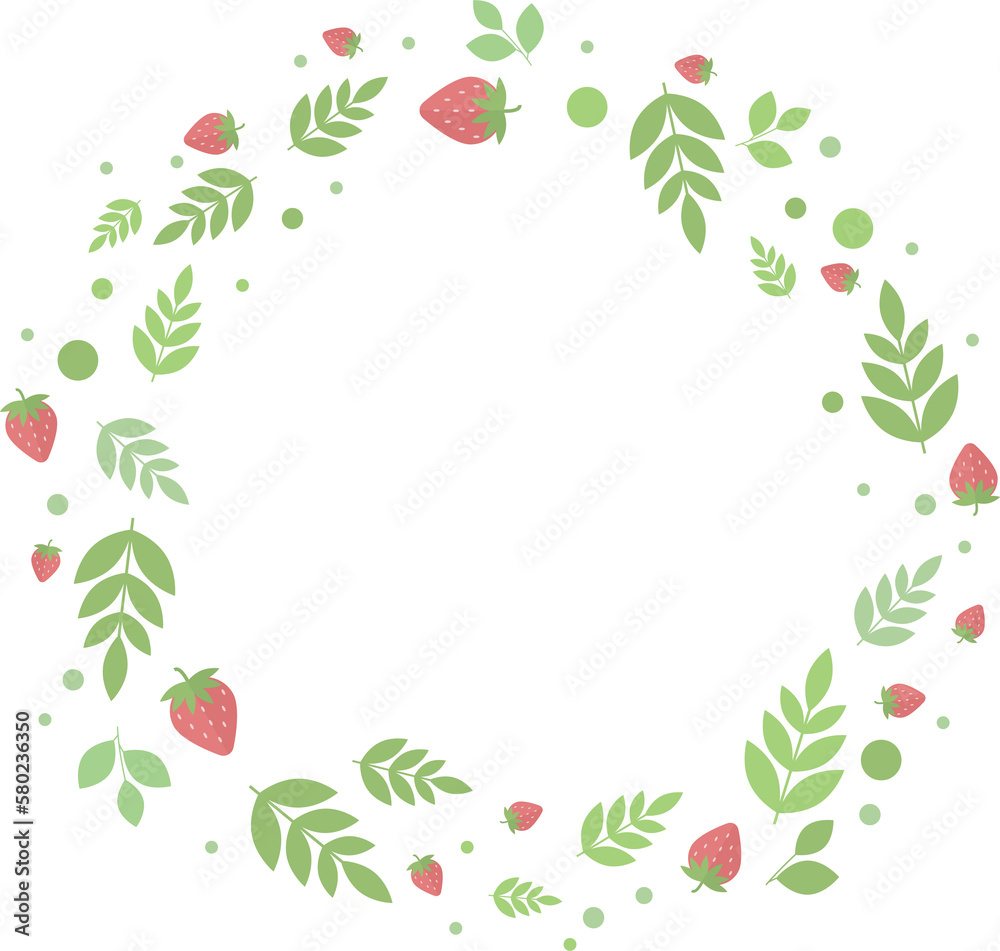 Fototapeta premium Round frame of strawberries and green leaves and twigs in flat