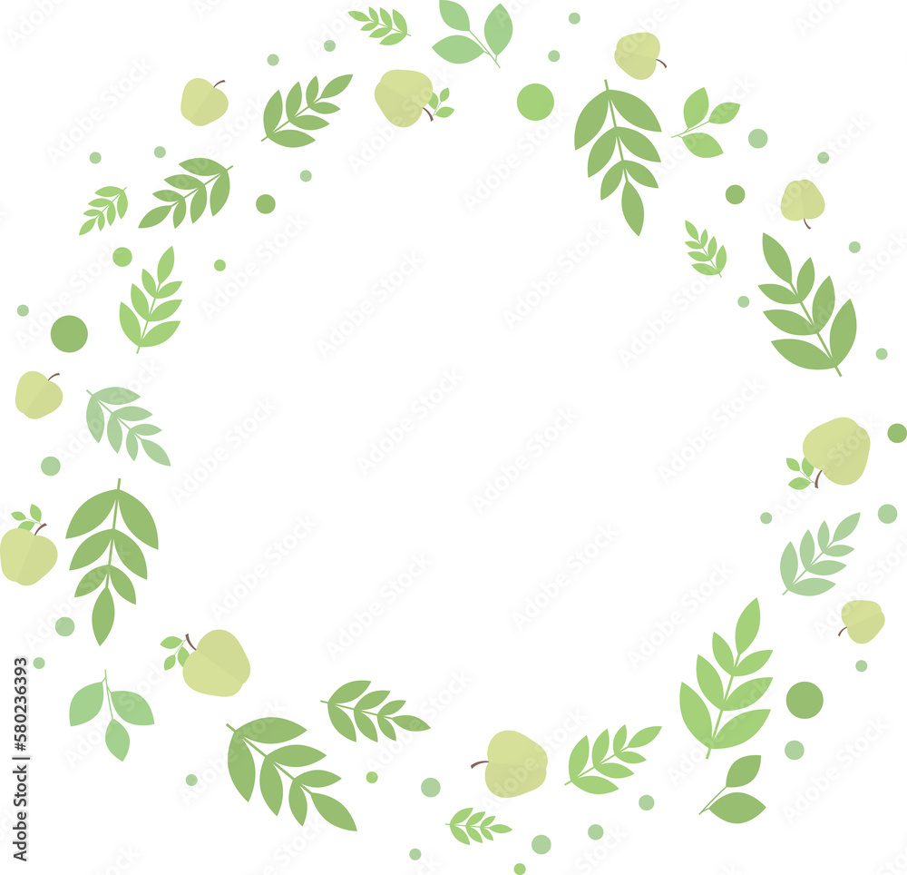 Round frame of apples and green leaves and twigs in flat